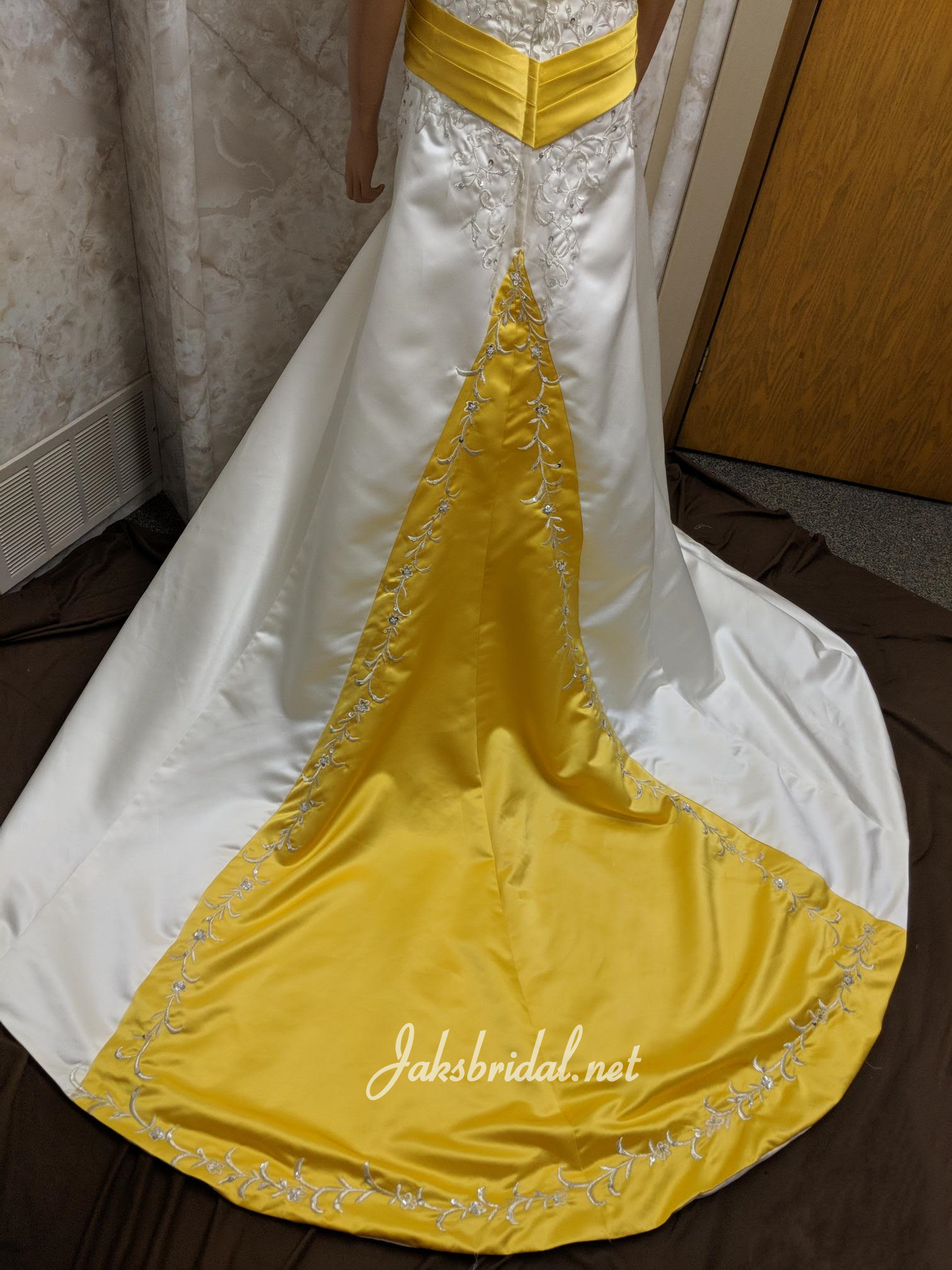 Alabaster and sunflower yellow wedding dress