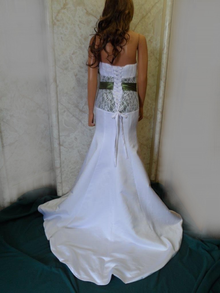 White strapless wedding gown with deep olive green 