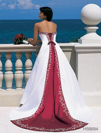 wedding gown accented in apple red