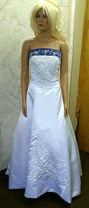 white bright blue wedding dress