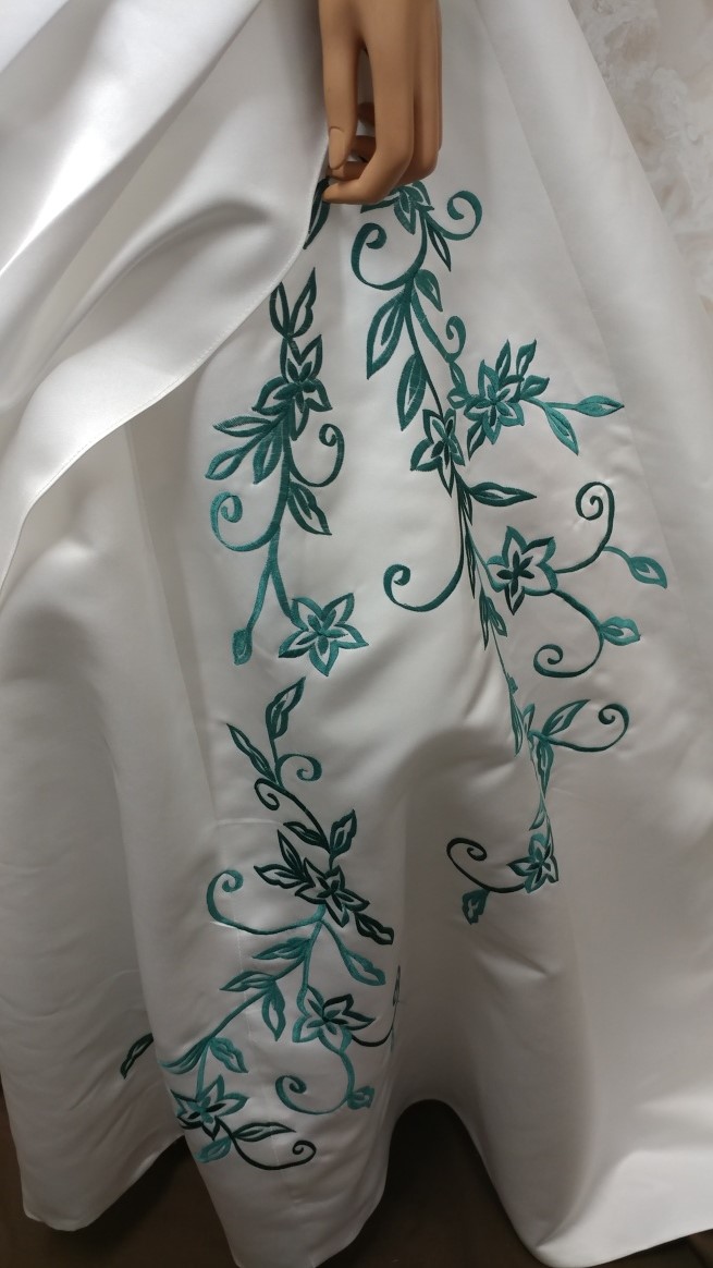 ivory dress with hunter green embroidery