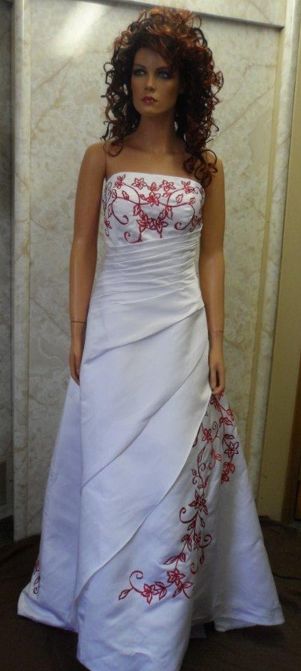 White wedding gown with red embroidery