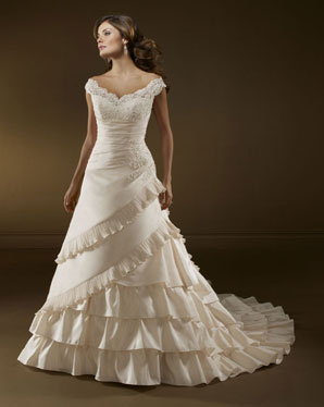 Tiered ruffle asymmetrical skirt and train wedding dress