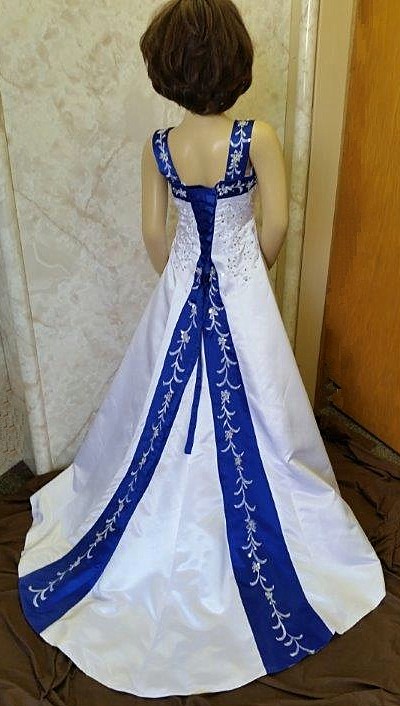 white and royal blue flower girl dress