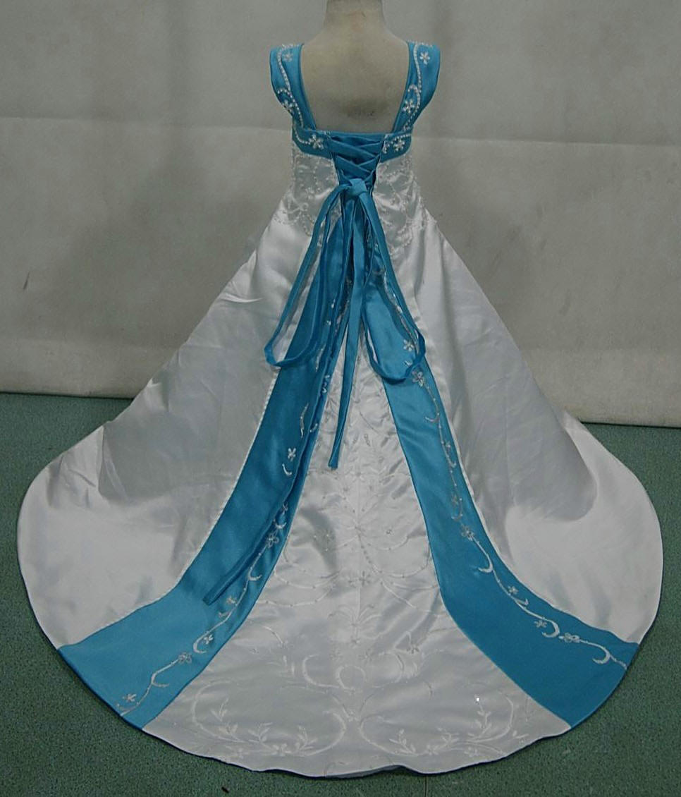 white and pool blue miniature wedding gown with corset lace up back