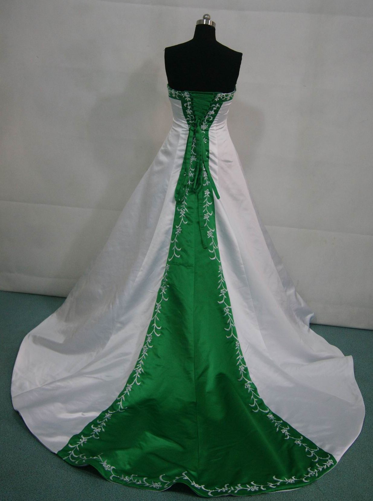 white and green wedding gown