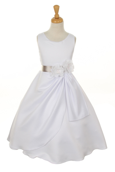 white dress with silver flower sash