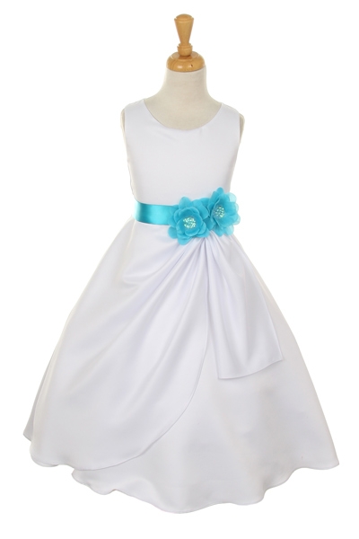White  Flower Girl Dress with turquoise Colored Sash