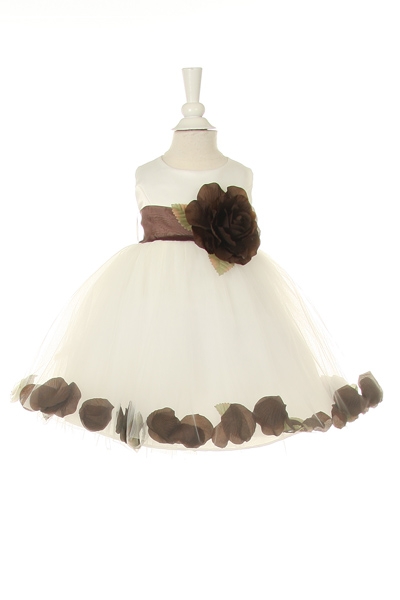 ivory baby flower girl dress with brown petals and sash