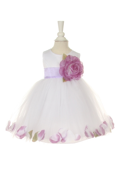 white  baby flower girl dress with lilac petals and sash