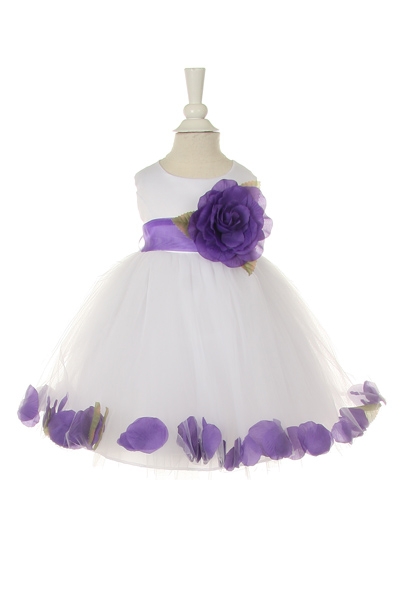 white  baby flower girl dress with purple petals and sash