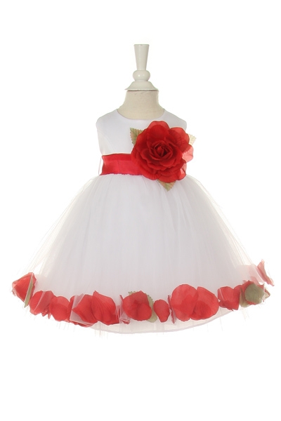 white  baby flower girl dress with red petals and sash