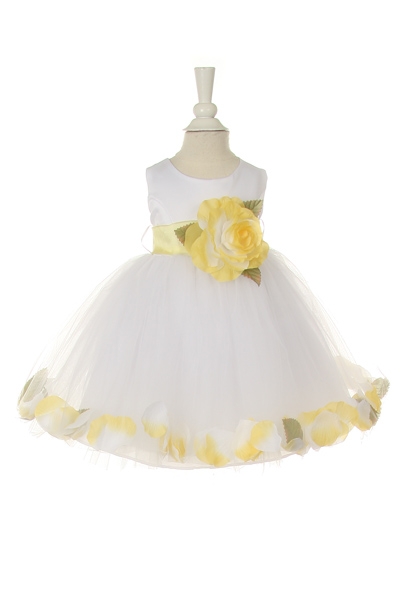 white  baby flower girl dress with yellow petals and sash