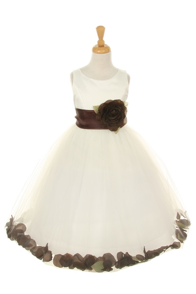flower girl dress with brown petals and sash