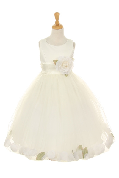 ivory flower girl dress with ivory petals and sash