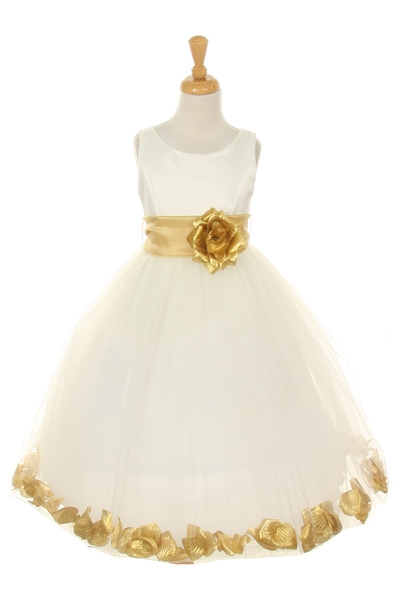 ivory flower girl dress with gold petals and sash