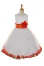 white flower girl dress with orange petals and sash