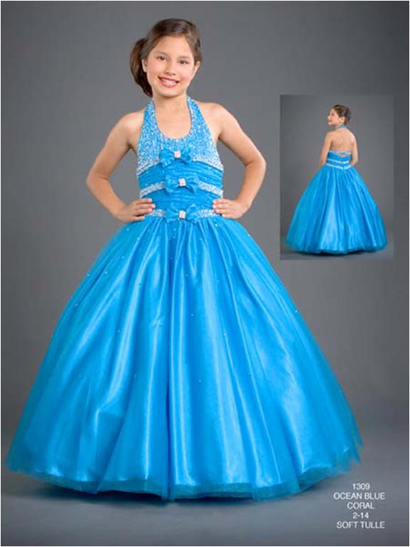blue halter dress with 3 matching bows