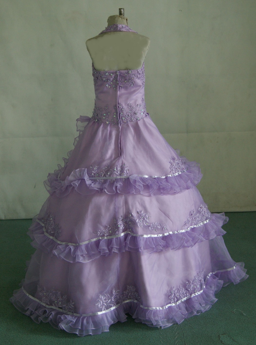 Lilac halter pageant dress with layered ruffles,