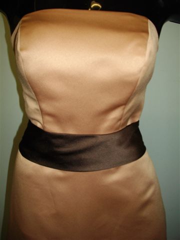 Bridesmaid Gown shown in Antique Brass with Chocolate Sash