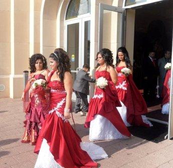 red and white bridesmaid gowns