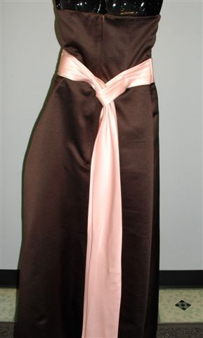 Chocolate Brown Gown with sweet pea Pink sash