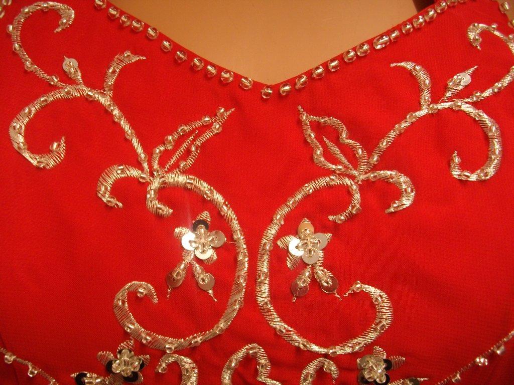 red dress with silver beads embroidery and sequins