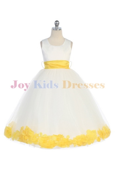 Yellow satin long flower girl dress with petals and sash