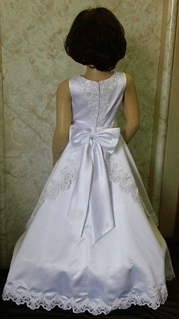 white flower girl dress with bow back