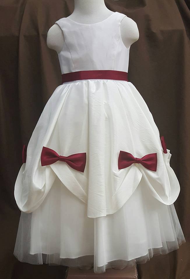 ivory flower girl dresses with apple red sash and bows