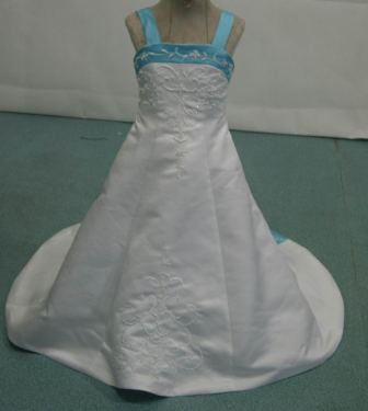 White miniature wedding gown with pool blue trim
