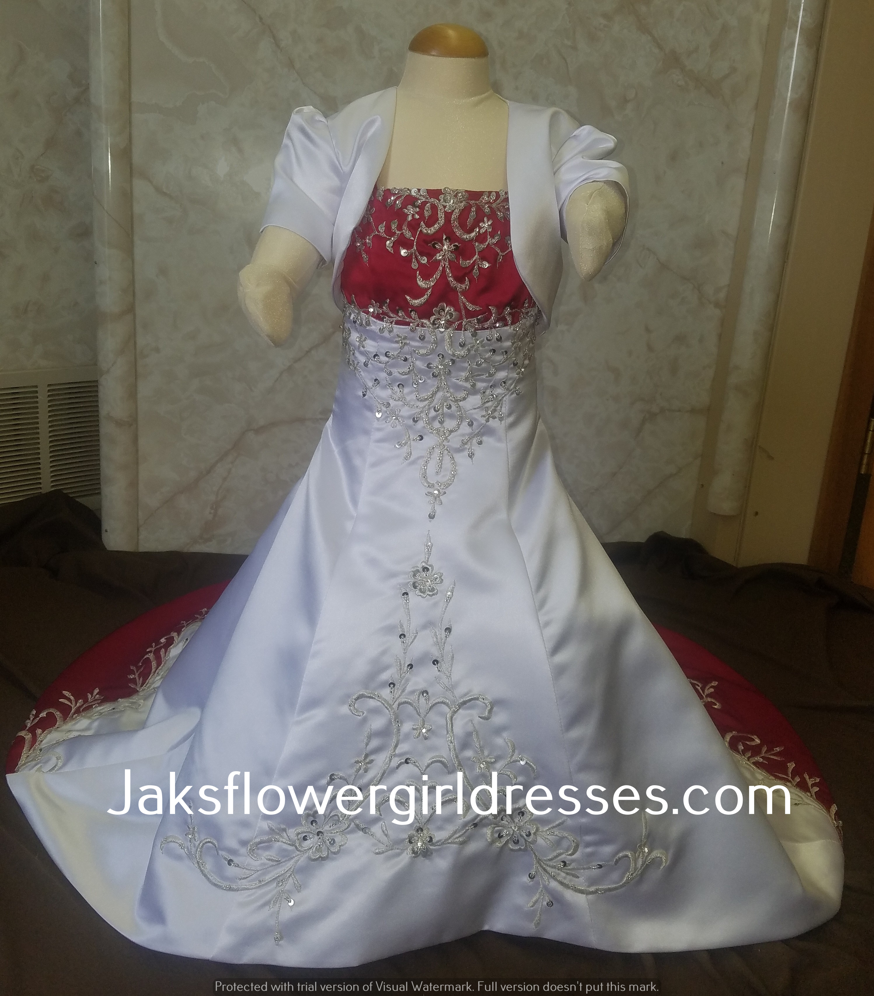 white and apple red flower girl dress with train