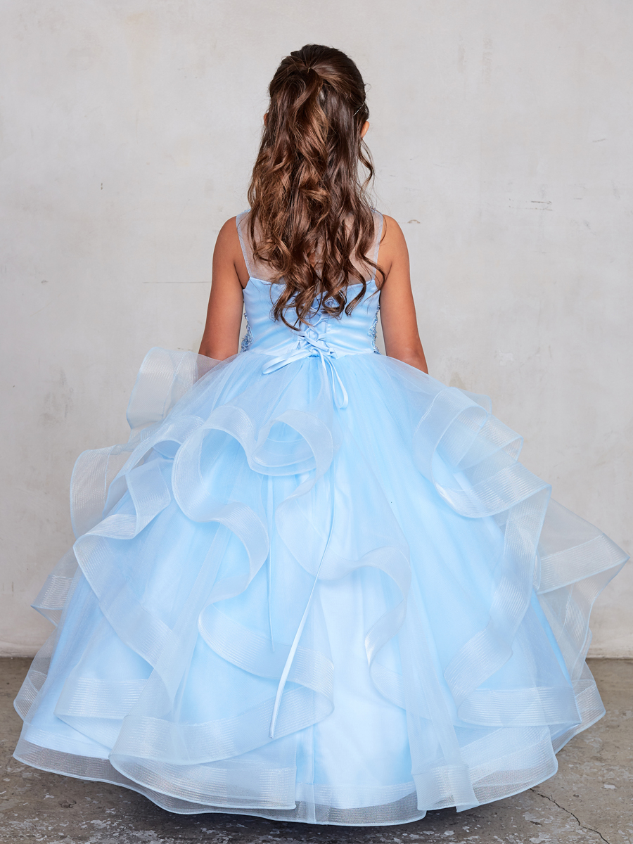 Beautiful blue full length ruffled gown with rhinestone and lace bodice.