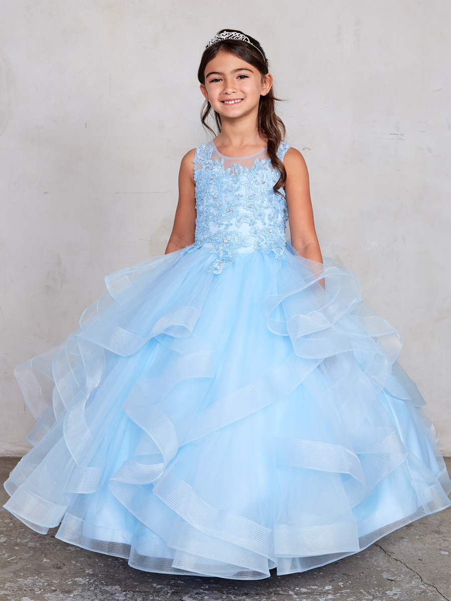 Beautiful blue full length ruffled gown with rhinestone and lace bodice.