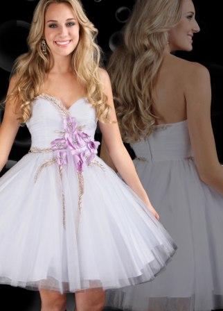 Short beaded floral accented waistband tulle skirt prom dress