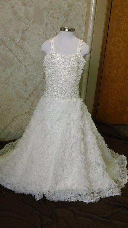 fully beaded bodice and organza 3-D ruffle flower skir