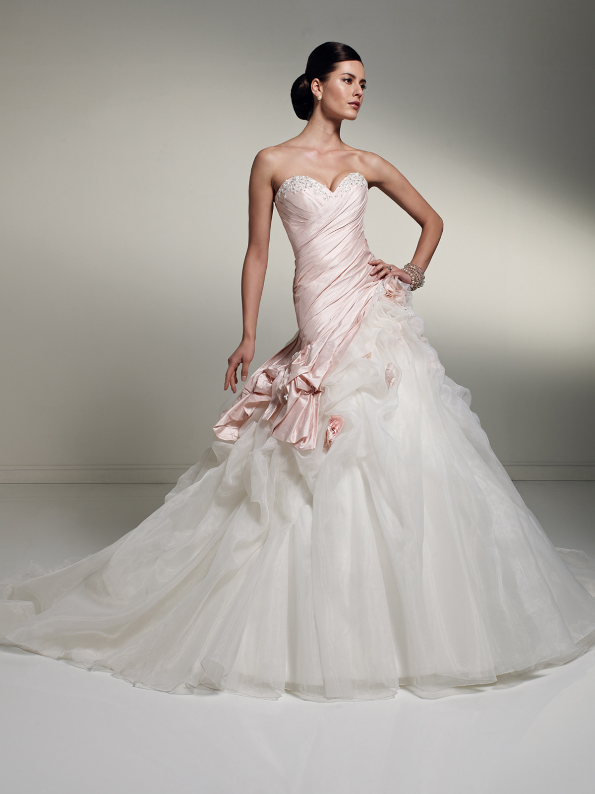 pink and white strapless wedding dress