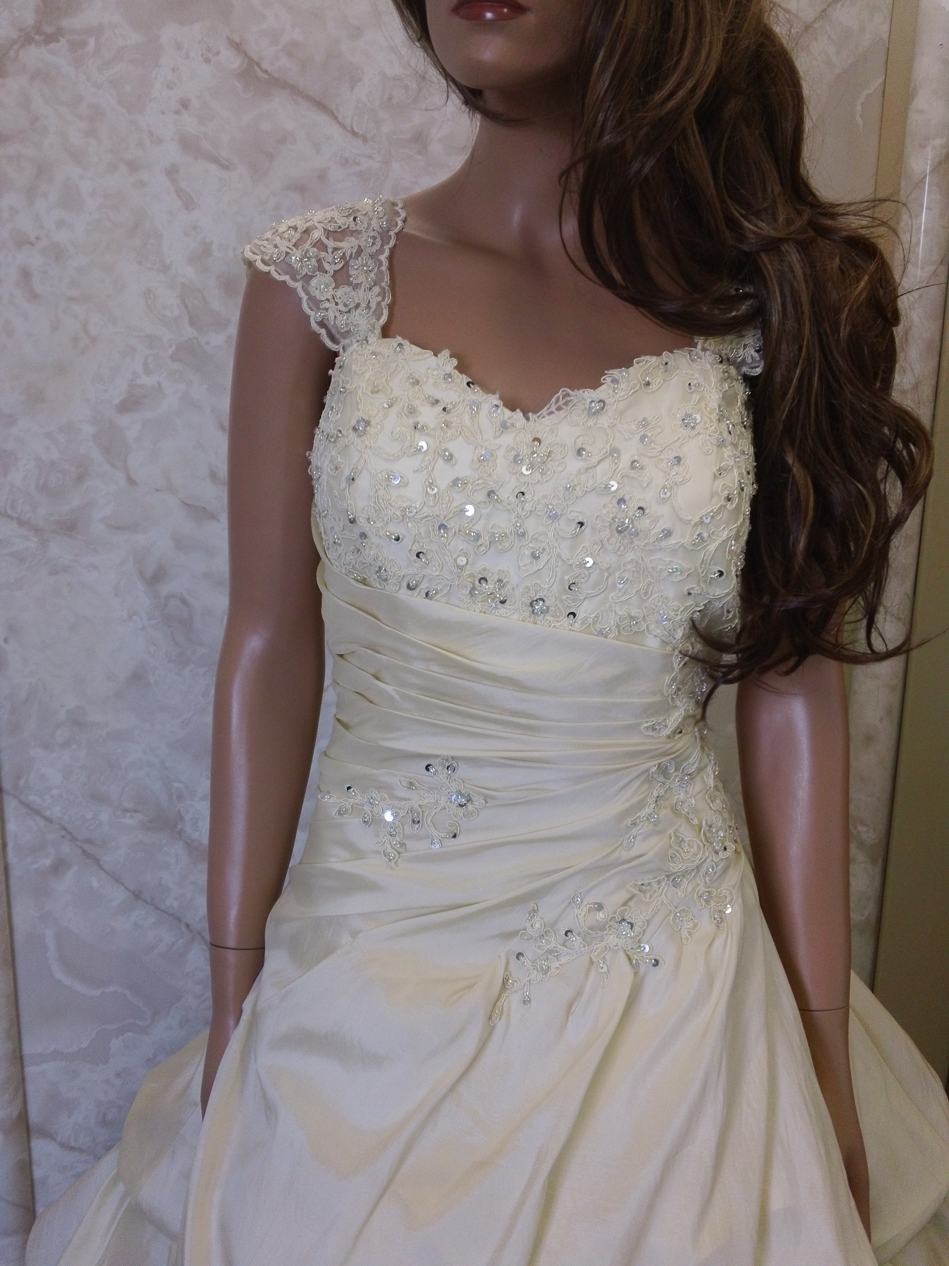 light champagne lace off the shoulder wedding gown
