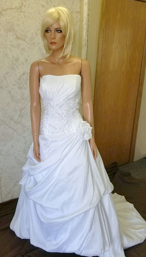 white taffeta wedding dress and veil