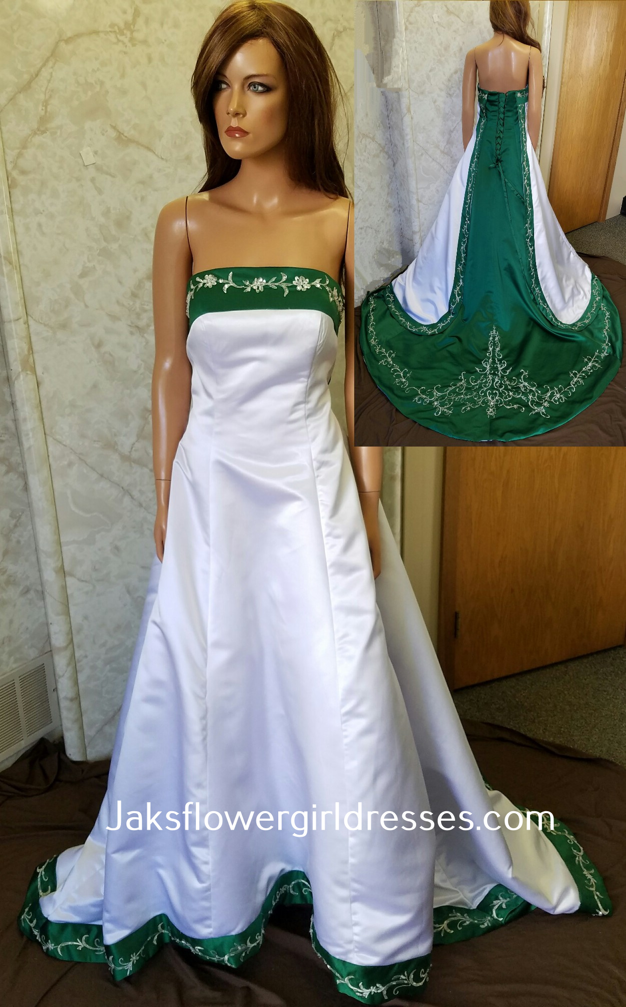 white emerald green wedding dress