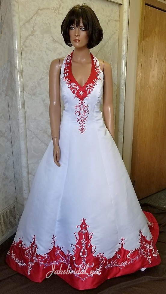 white wedding gown with red trim