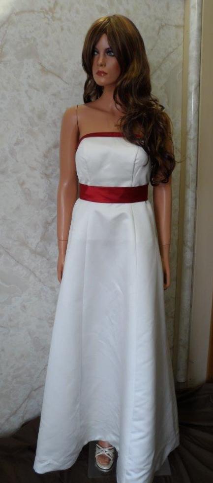 Long ivory bridesmaid dress with apple red sash