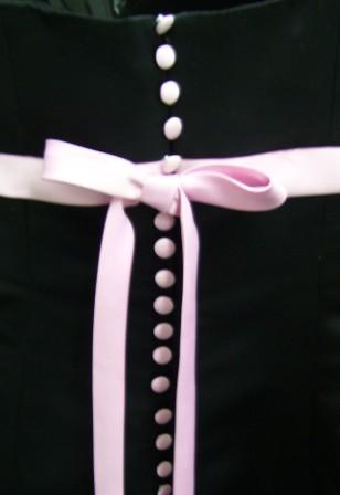 strapless black-pink dress with covered buttons down the back