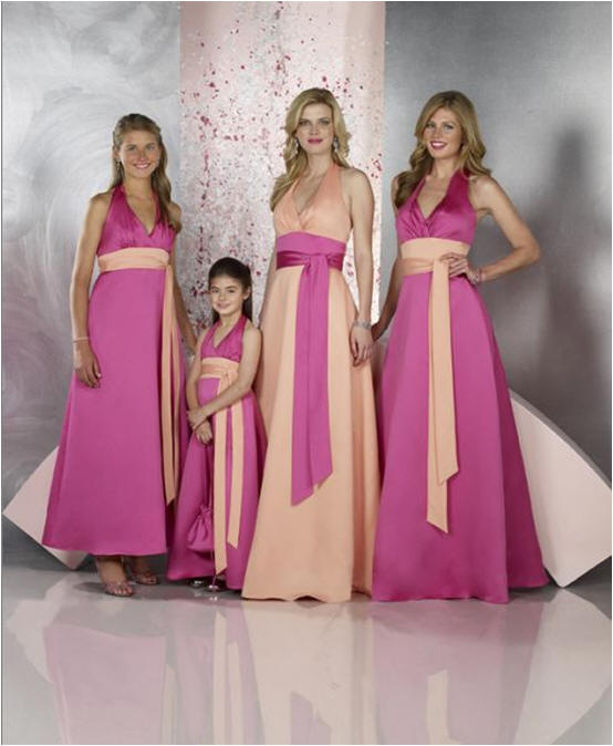 Tropical Pink Bridal Dresses - pink with peach sash.