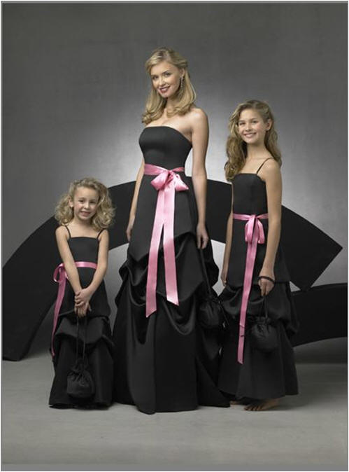 black wedding party dresses with pink sash