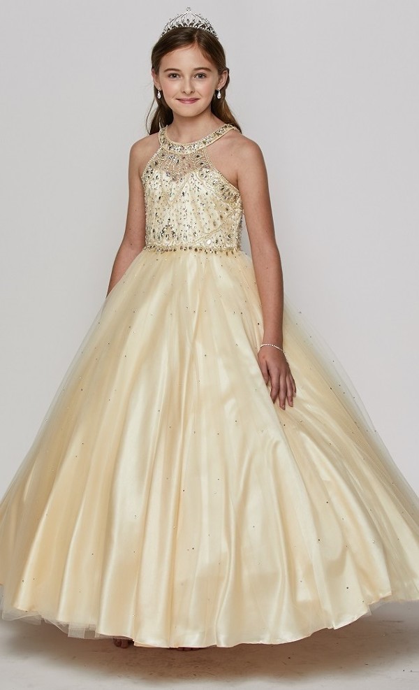 champagne  rhinestone halter neck party dress. Super soft tulle skirt with wire netting on the bottom.  
