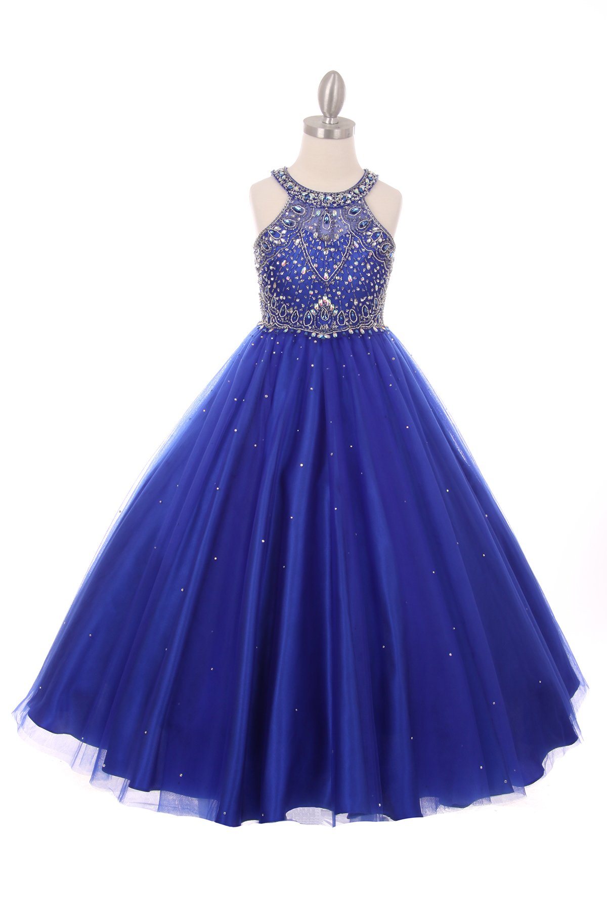 royal blue  rhinestone halter neck party dress. Super soft tulle skirt with wire netting on the bottom.  
