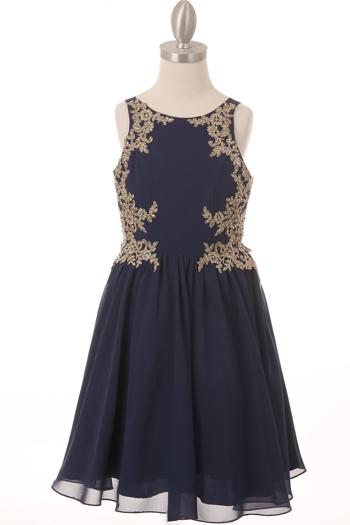 girls navy dress with golden lace