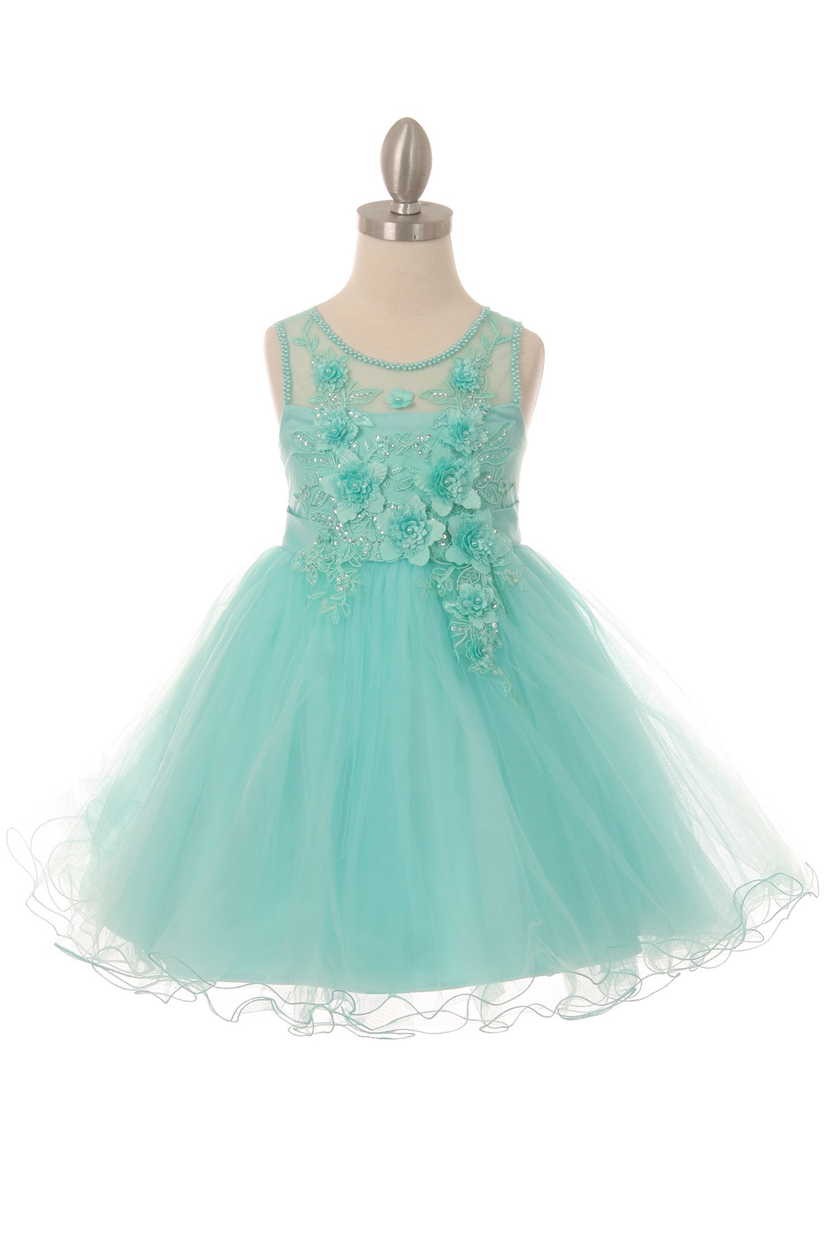 Girls short floral tulle lace dress with illusion neckline, and bow back. 