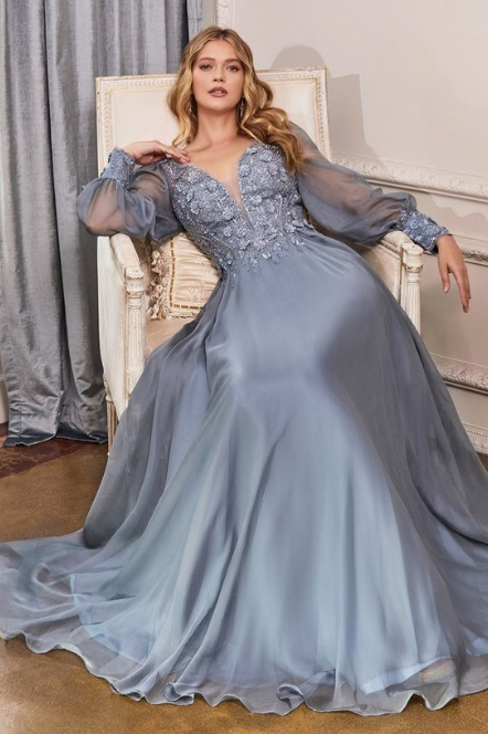 long sleeve smoky blue chiffon mother of the brides gown